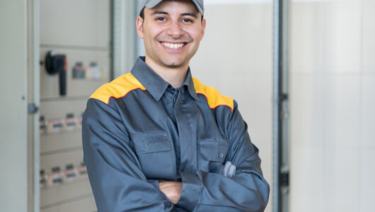 Portrait of a smiling electrician in front of an industrial electric panel in a factory Portrait of a smiling electrician in front of an industrial electric panel in a factory
